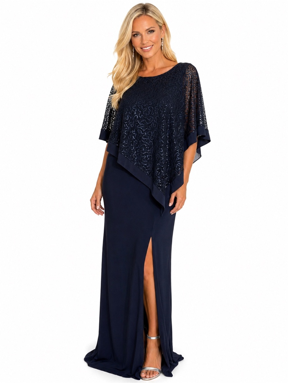 R&M Richards Size 10 Navy Sequin Lace Overlay Formal Evening Gown Dress